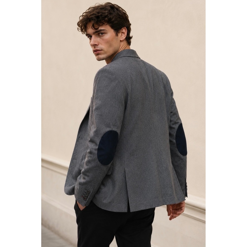 HM Mens Slim Fit Grey Blazer Elbow Patches Sport Coat 46R Business Casual NEW